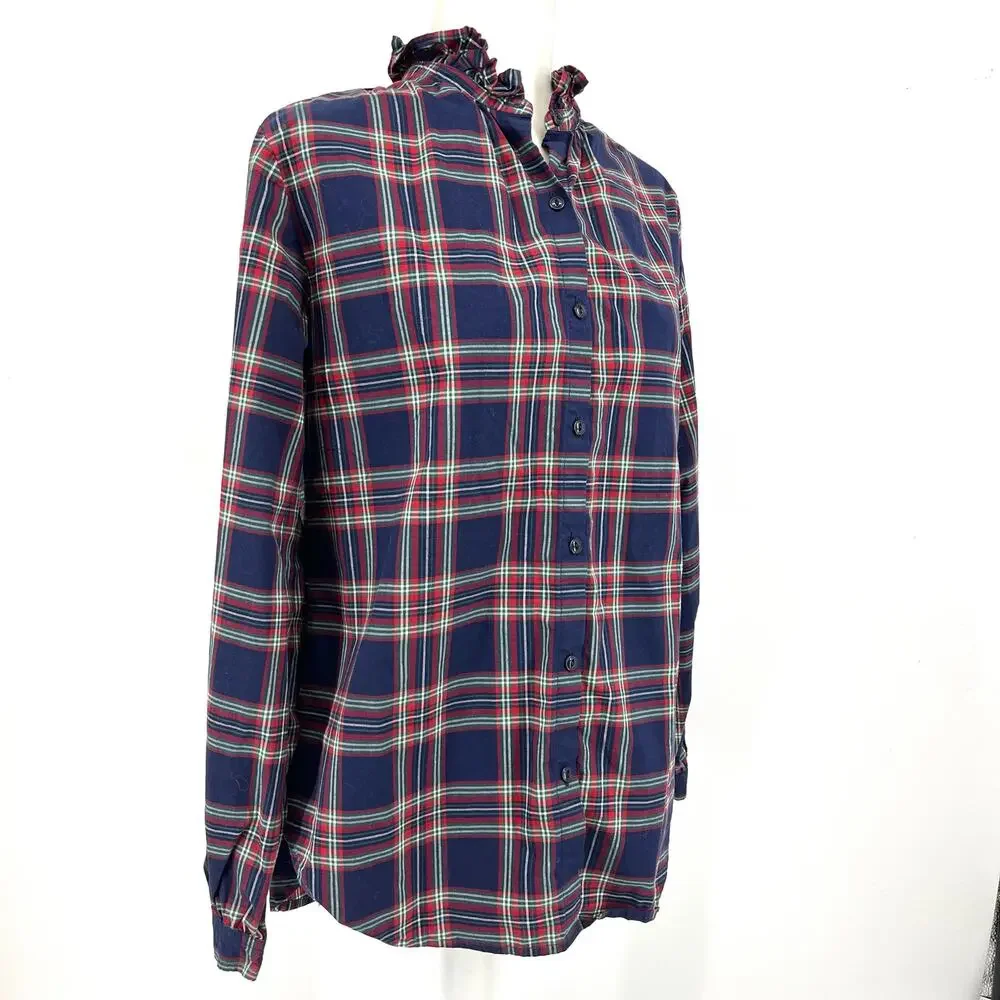 Hope & Henry Women's 10 Blue Red Plaid Tartan‎ Long Sleeve Ruffle Neck Blouse